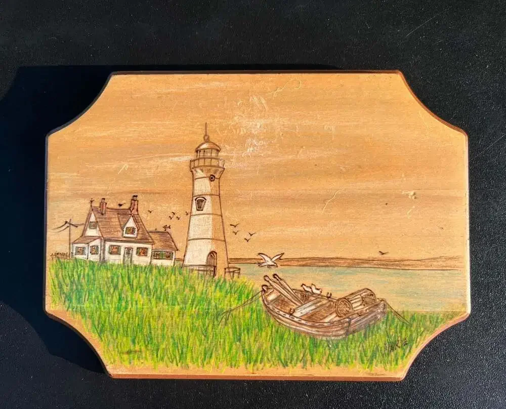 Hand-Drawn Nautical Lighthouse and Boat Wood Wall Plaque